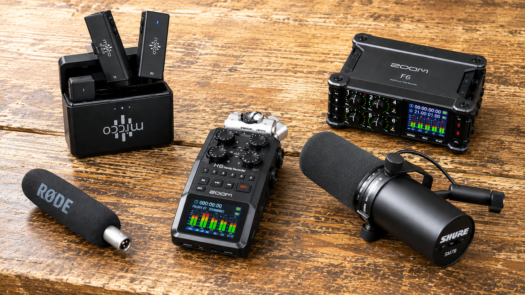 Sure Mic Sm7B, Rode Boom Mic, Zoom H6, Zoom F6 Mixer, Luucco S2, Hdmi 100M Cable,Focusrite 2I4 Audio