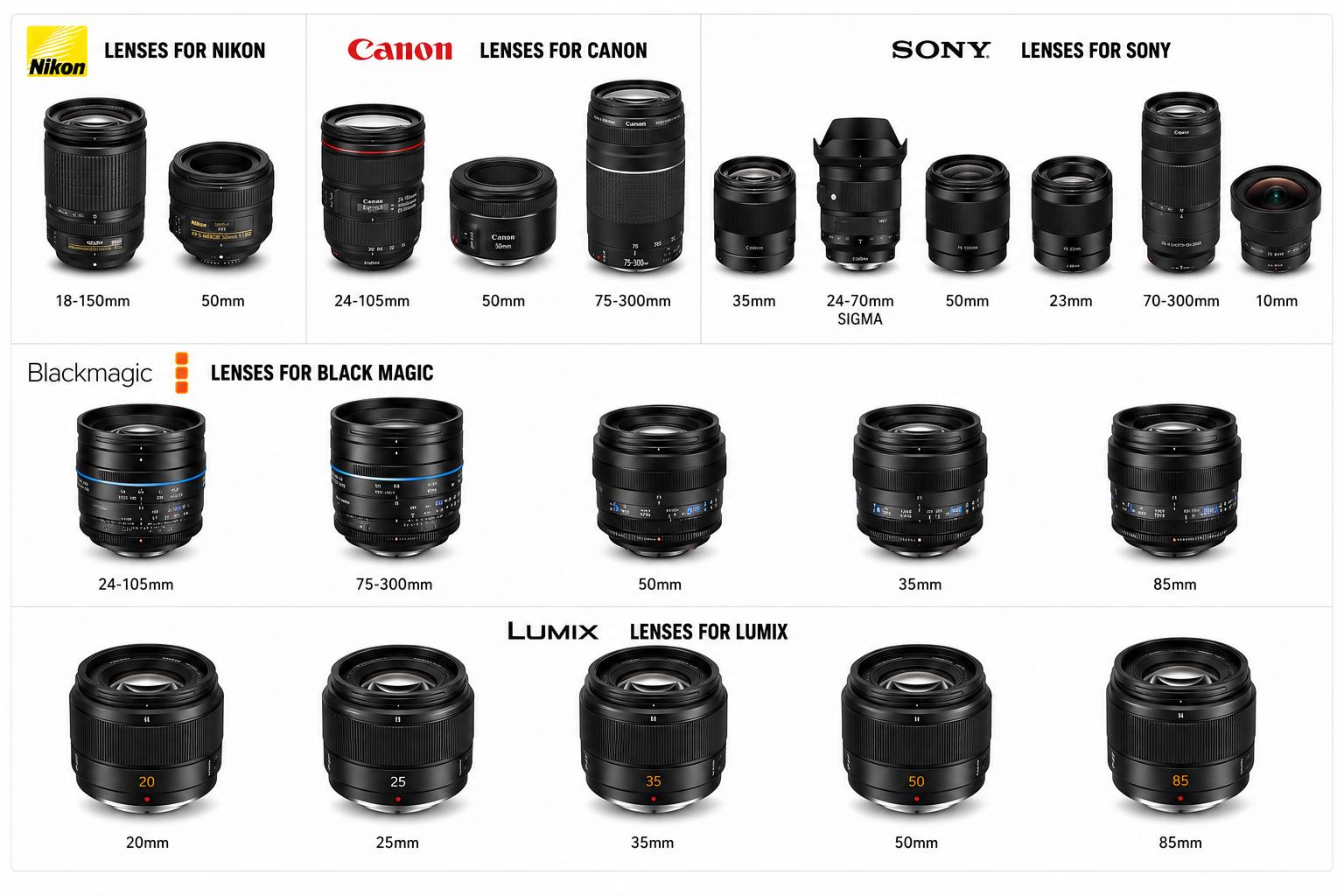 Canon, Nikon, Black Magic, Sony, Panasonic Lumix Lenses